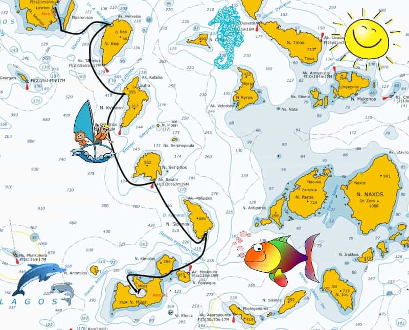 Mappa dell'itinerario da Atene a Milos