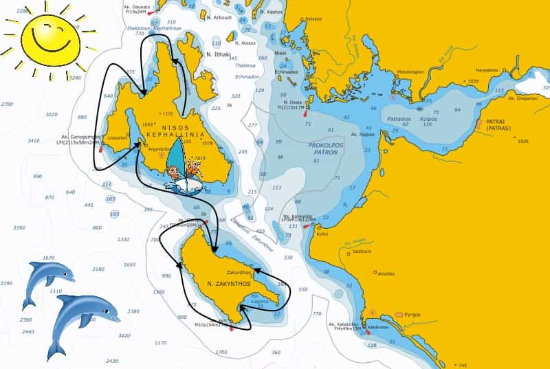 Mappa dell'itinerario da Cefalonia a Zante