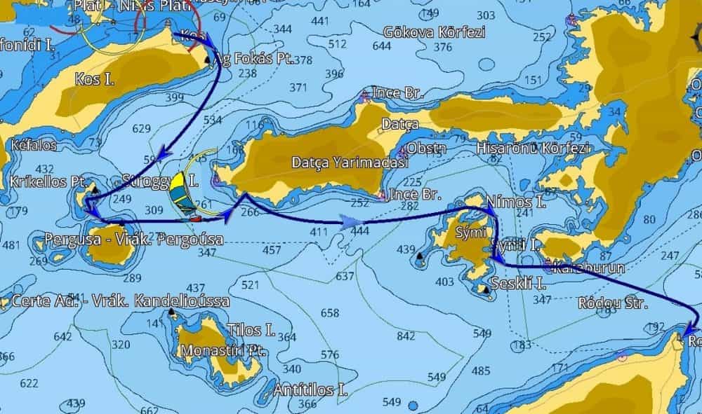 Mappa dell'itinerario da Kos a Rodi