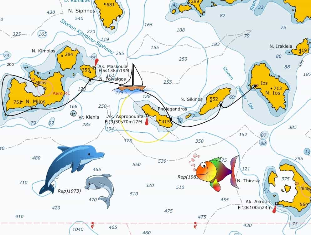 Mappa dell'itinerario da Milos a Ios