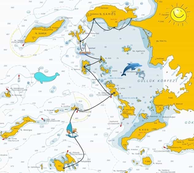 Mappa dell'itinerario da Samos a Astypalea