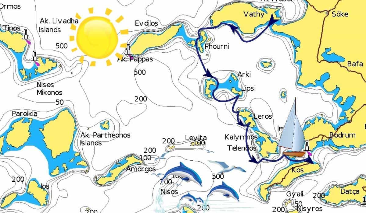 Mappa dell'itinerario da Samos a Kos